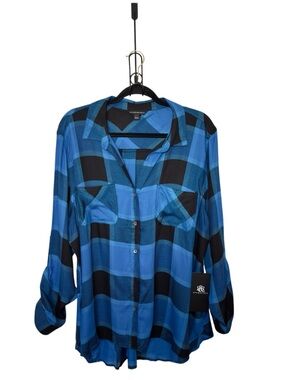Rock & Republic  XXL Blue Buffalo Plaid Grunge 90s Inspired Button Front Shirt